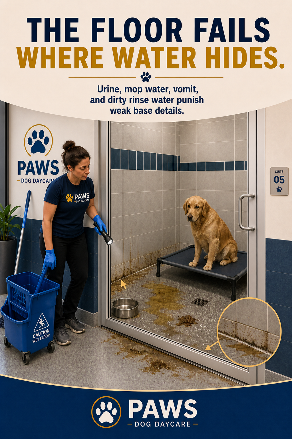 PAWS Dog Daycare staff inspecting dirty water and waste collecting along the floor-to-wall base detail inside a tiled glass-front boarding suite.