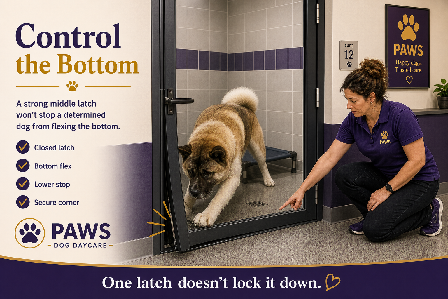 Large Akita pushing against the bottom of a square glass boarding suite door while PAWS staff points to the lower corner flex problem.