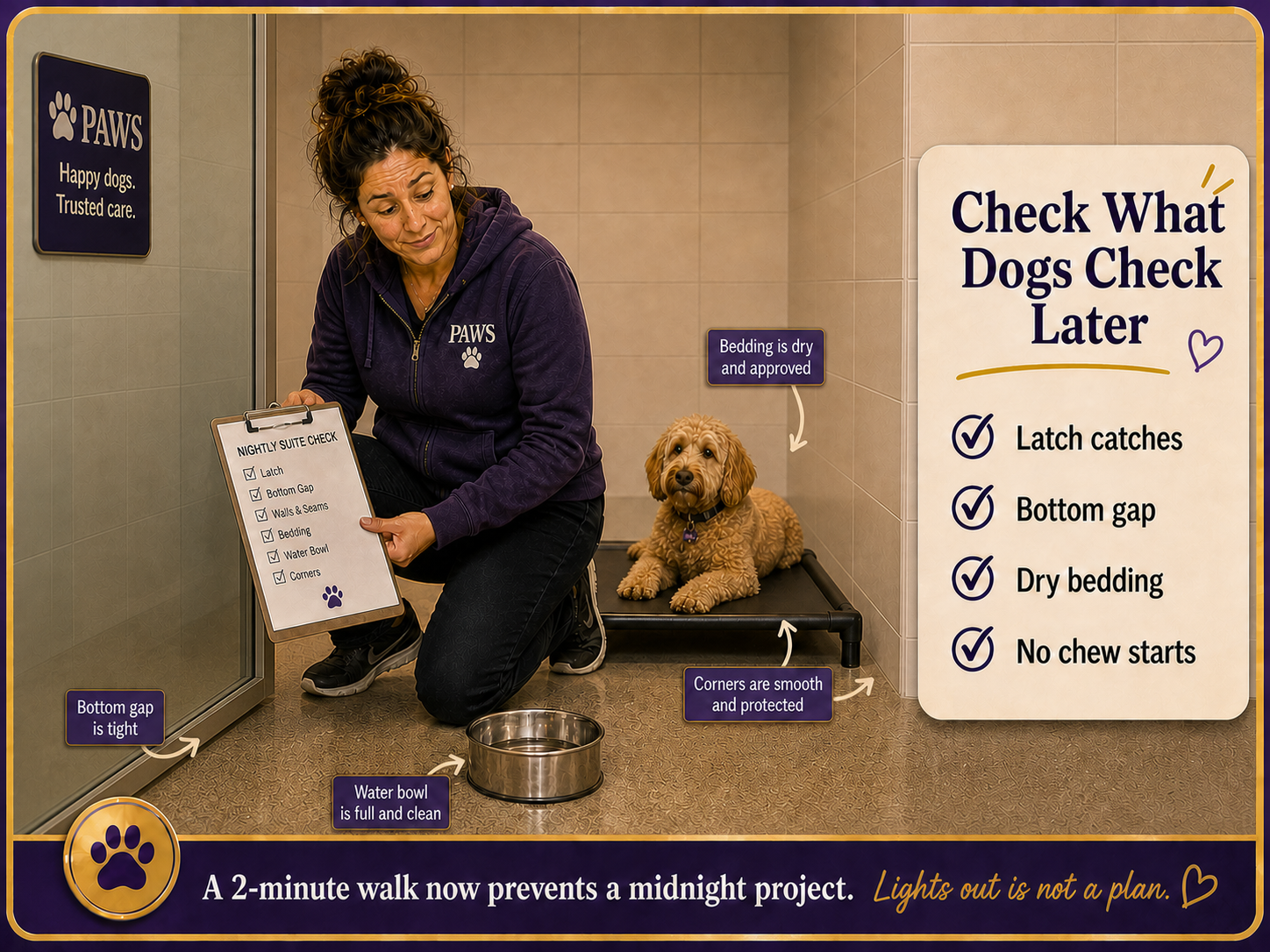 PAWS Dog Daycare staff checking latch, bottom gap, water bowl, corners, and raised cot before lights out in a tiled boarding suite.