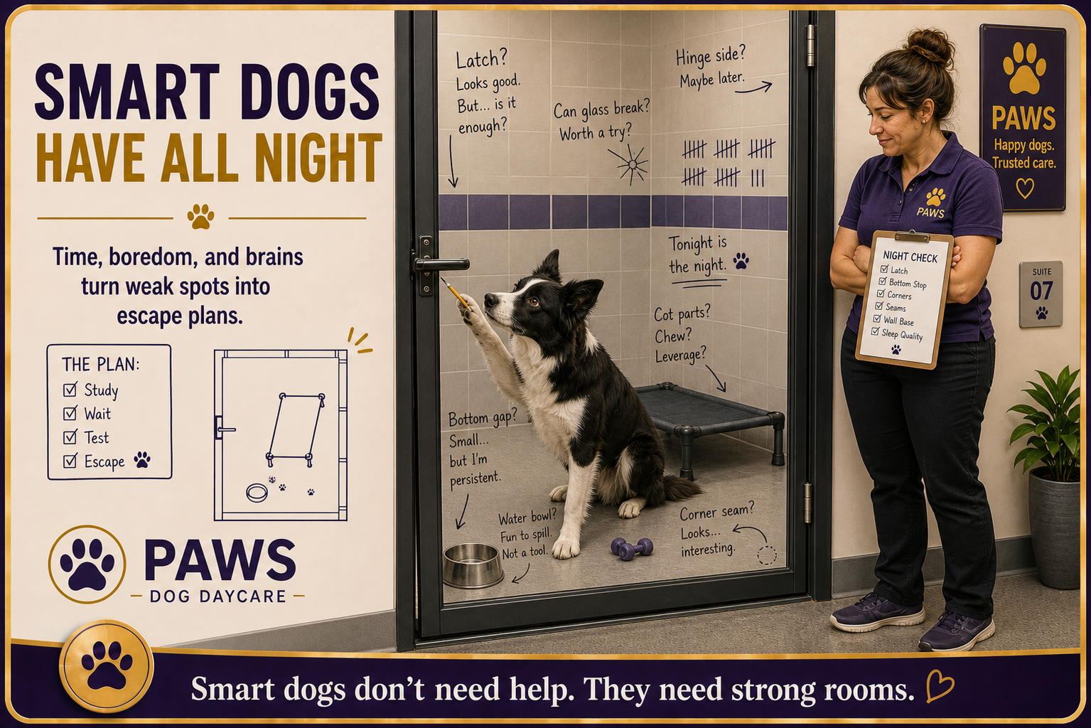 Border collie inside a glass-front boarding suite studying latch, glass, cot, seams, and wall notes like an escape plan while PAWS staff watches.