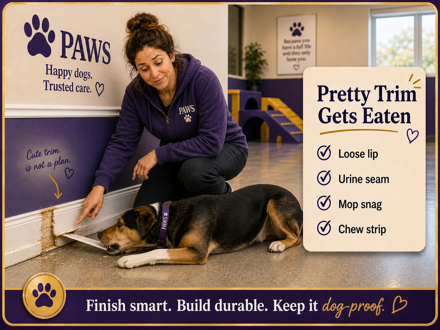 PAWS Dog Daycare image showing a dog chewing loose trim while staff points to the damaged edge, with notes about loose lips, urine seams, mop snags, and chew strips.