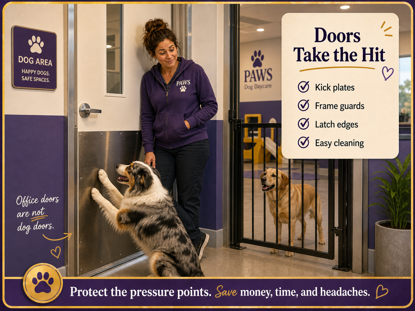 PAWS Dog Daycare image showing a dog pawing a protected dog-area door with a metal kick plate while staff watches the door pressure point.