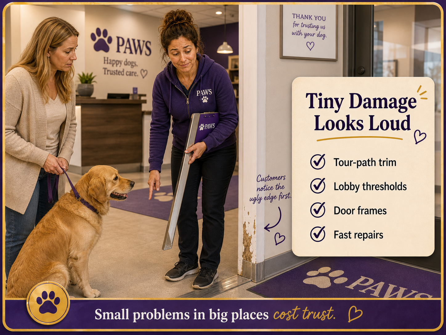 PAWS Dog Daycare image showing customer-facing door frame damage near the lobby while staff points out the edge repair issue.
