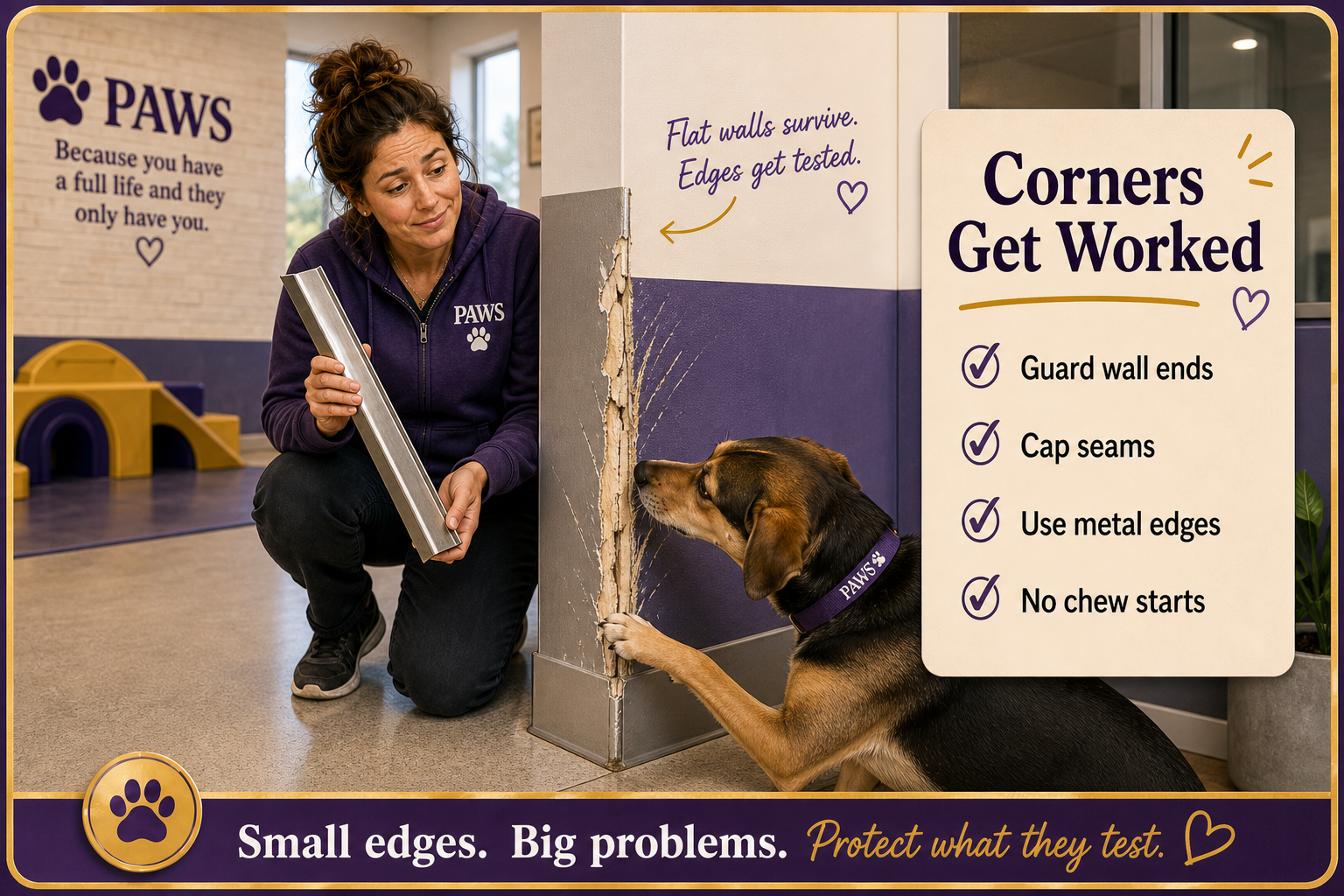 PAWS Dog Daycare image showing staff inspecting a damaged wall corner and holding a metal edge guard while a dog works the exposed corner.