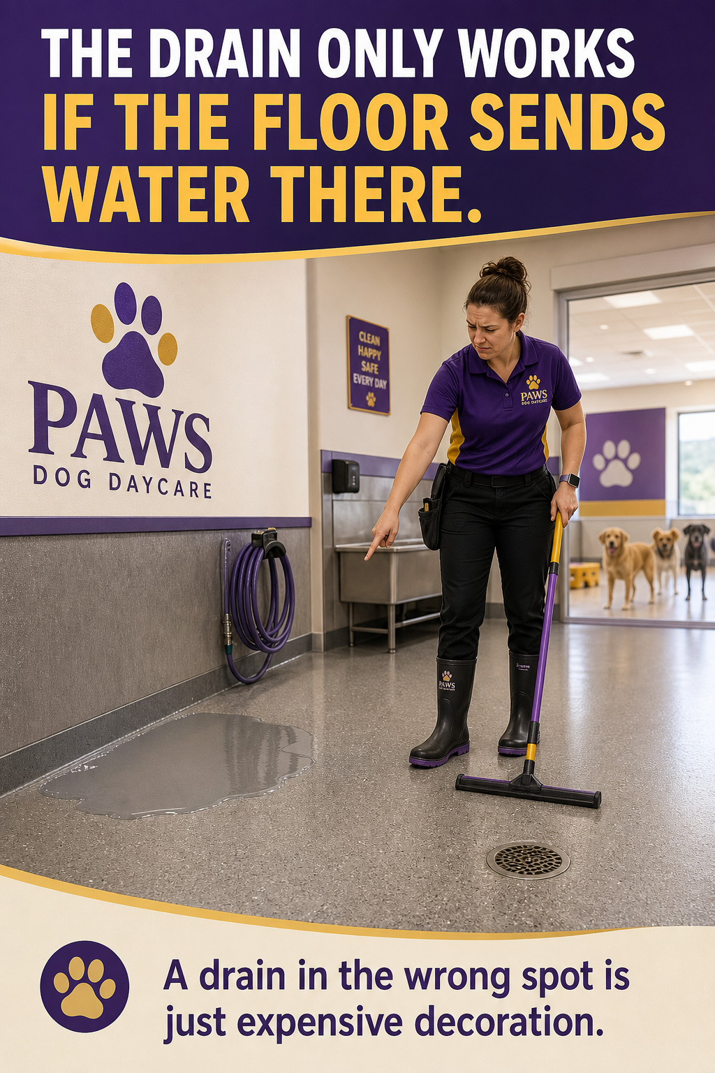 PAWS Dog Daycare drainage graphic showing a staff member pointing to standing water that is not reaching a nearby floor drain because the floor slope or drain placement is wrong.