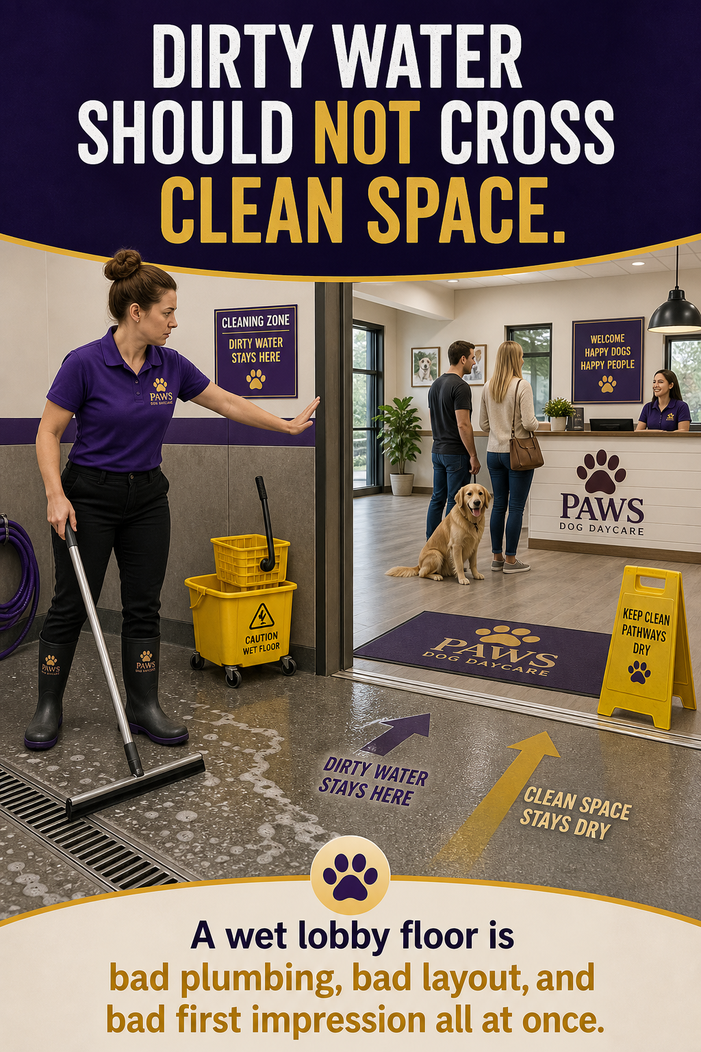 PAWS Dog Daycare cleaning-flow graphic showing dirty wash water kept in the cleaning zone while the customer lobby remains dry and separate.