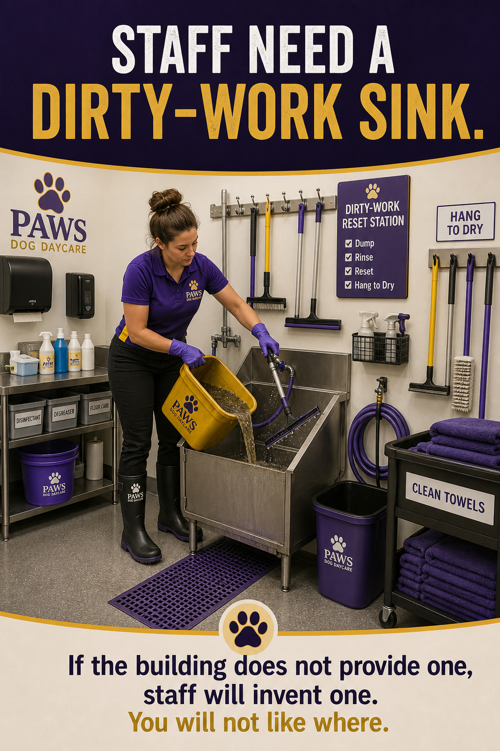 PAWS Dog Daycare utility room graphic showing staff dumping dirty mop water into a mop sink and resetting cleaning tools in a dedicated dirty-work station.