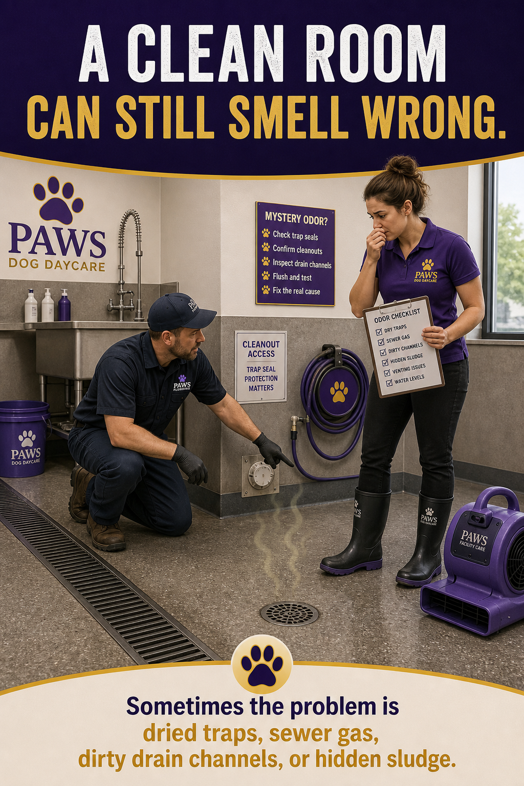 PAWS Dog Daycare plumbing odor graphic showing a plumber checking cleanout access while staff investigates a clean room that still smells wrong.