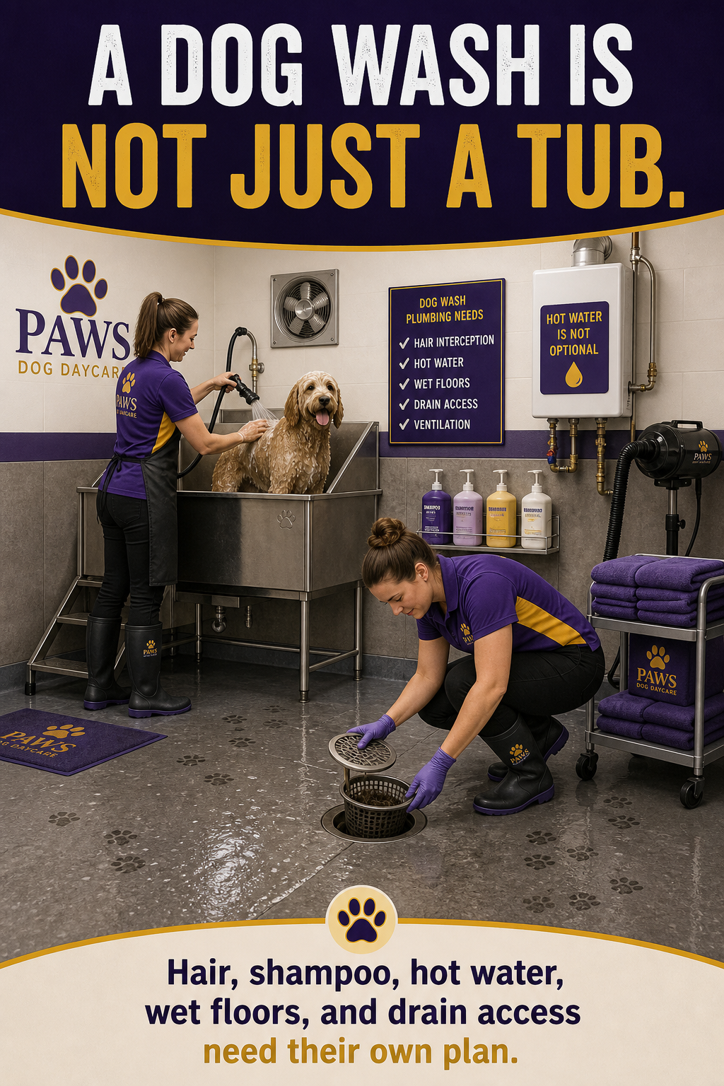 PAWS Dog Daycare grooming-room graphic showing a dog wash tub, wet floor drainage, hair interception, hot water, and staff checking the drain basket.
