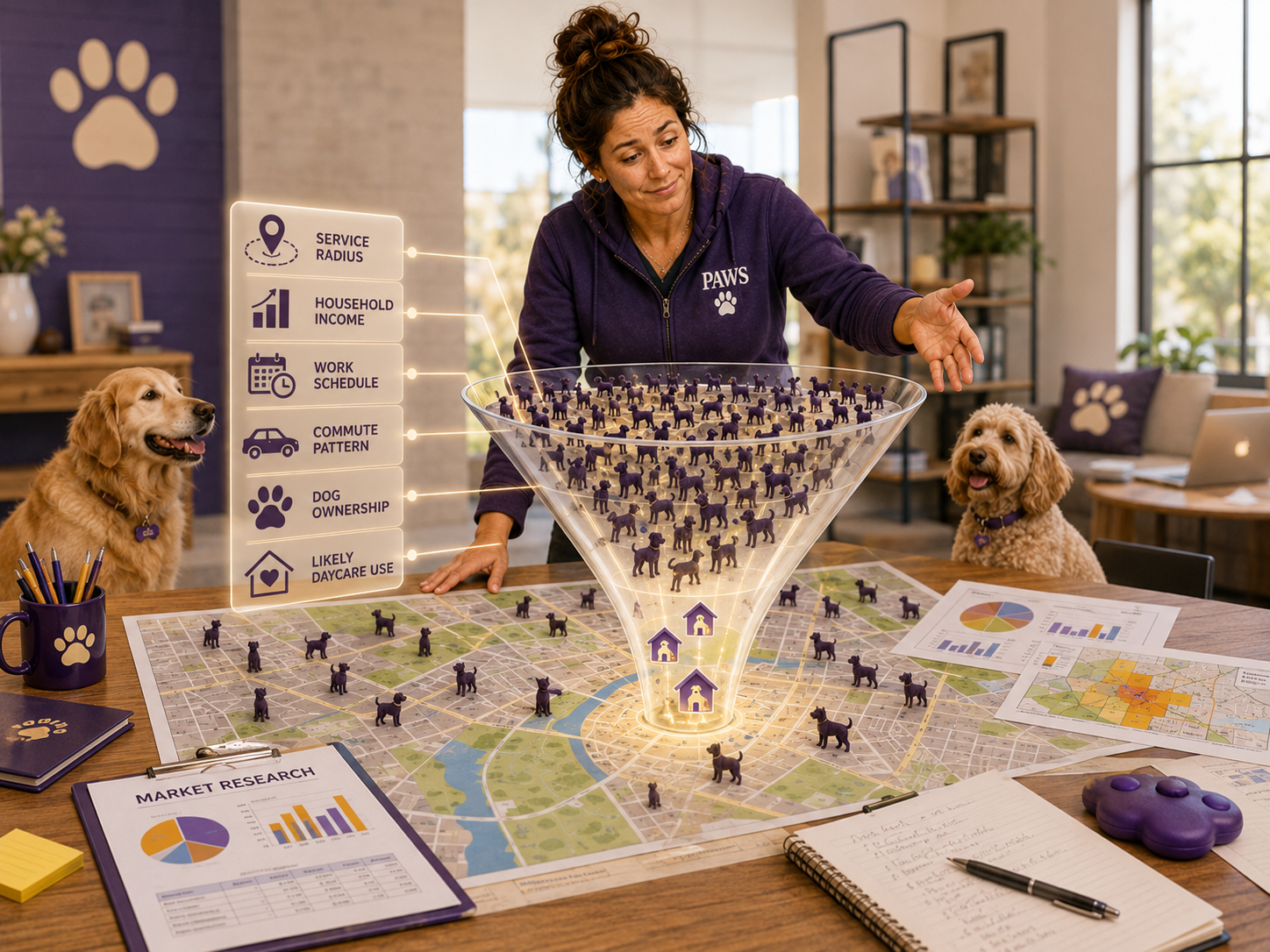 PAWS operator groups dog daycare reviews about odor, communication, cleanliness, pricing, availability, and safety into potential business improvements.