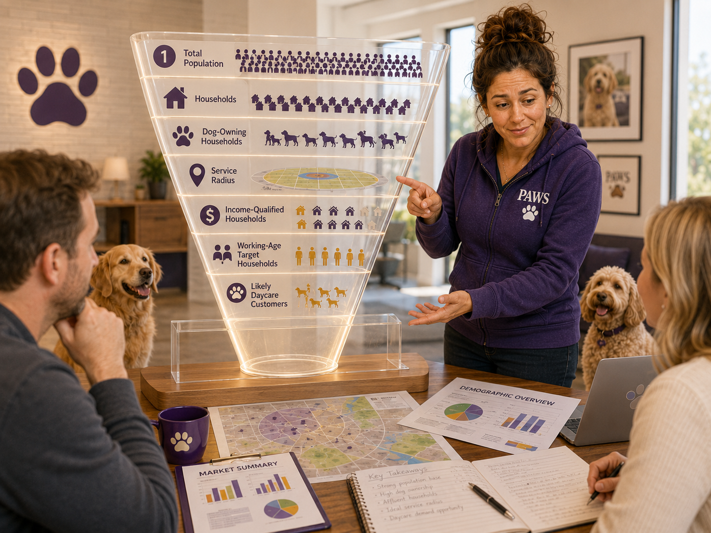PAWS operator evaluates daycare demand among dual-income professionals, apartment residents, remote workers, and older pet-centered households.