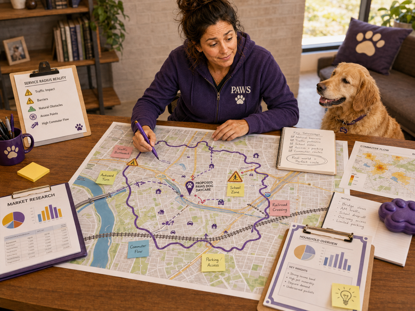 PAWS operator explains a seven-stage demographic funnel from total population to a much smaller group of likely dog daycare customers.