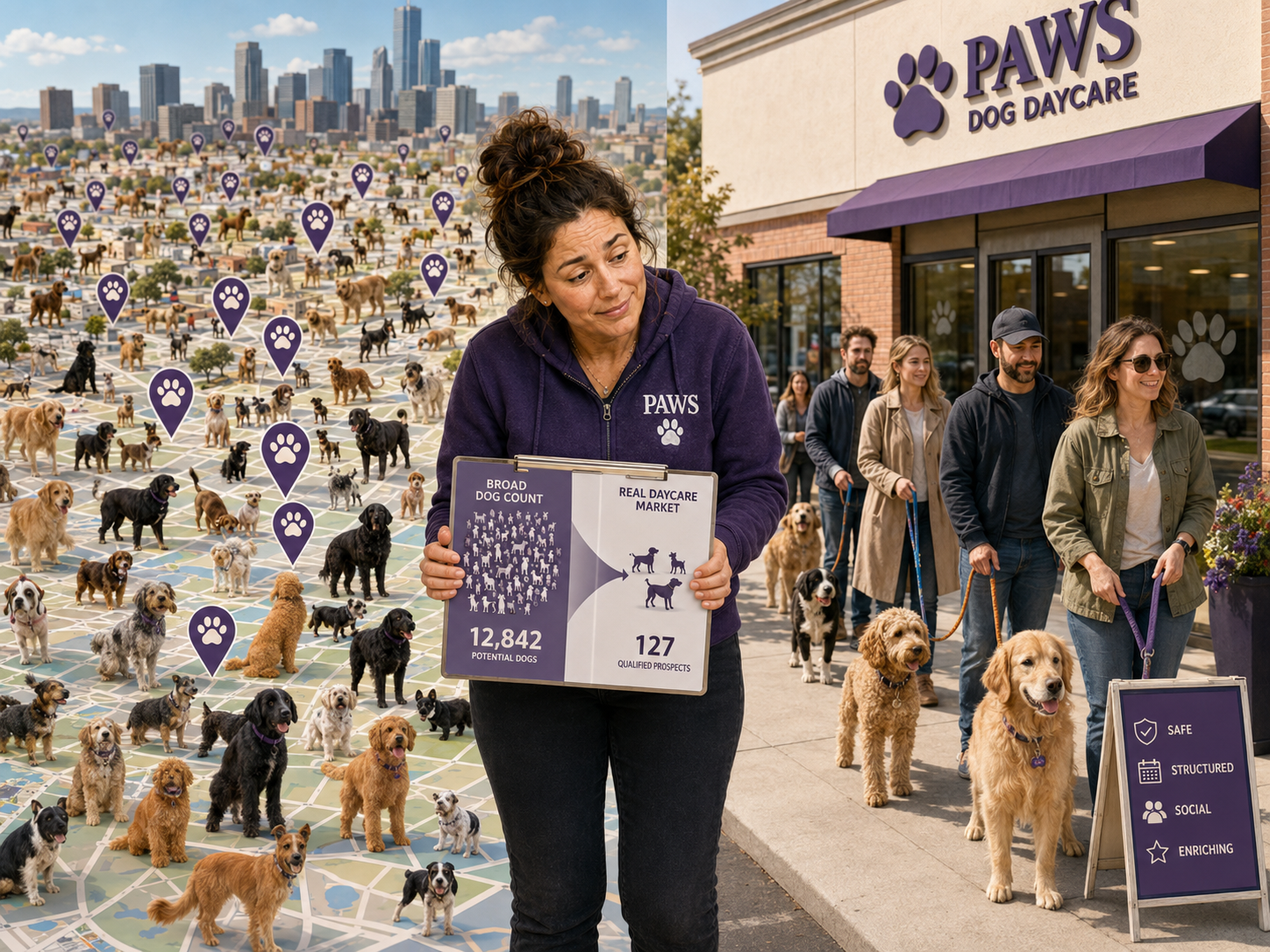 PAWS operator filters a large dog population by service radius, income, work schedules, commute patterns, ownership, and likely daycare use.