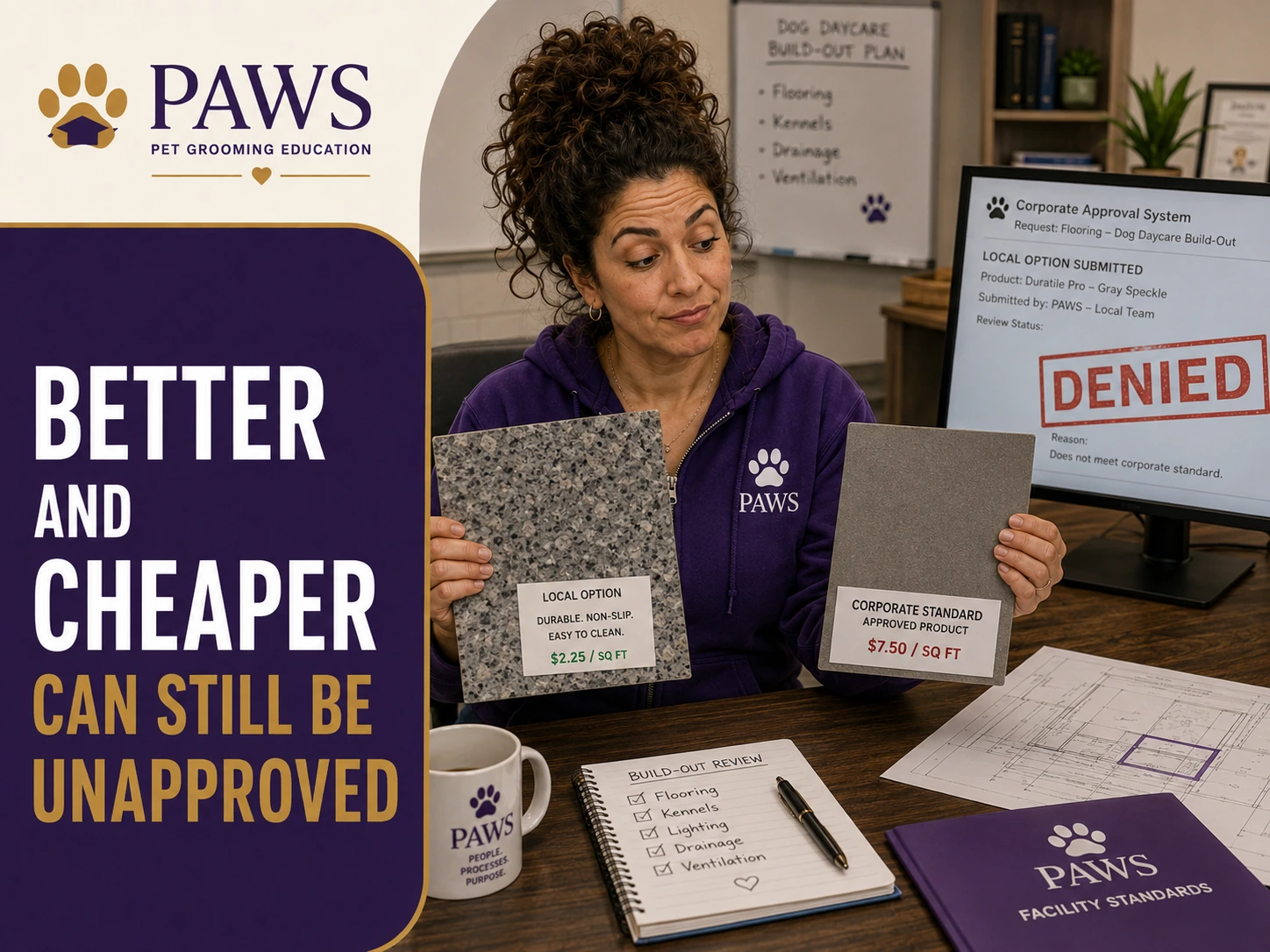 PAWS Lady compares a lower-cost local flooring option with a more expensive corporate standard sample while a monitor shows the local option has been denied.