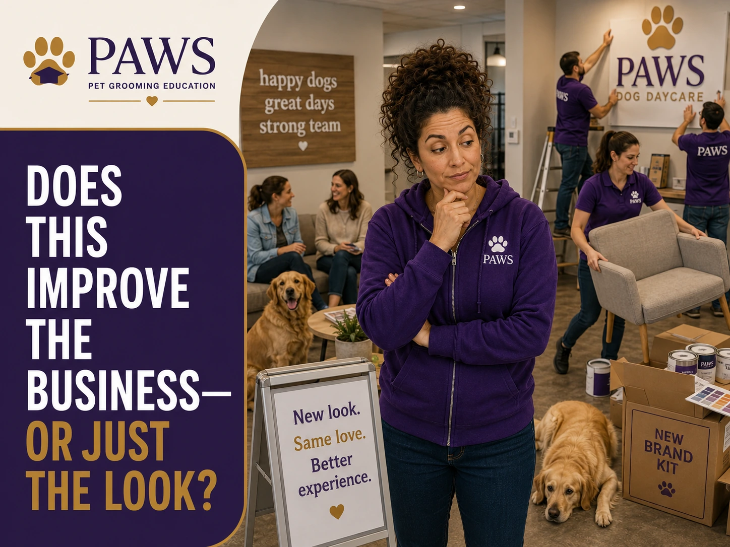 PAWS Lady watches staff install a new brand kit, signage, furniture, and decor in a daycare lobby while clients and dogs wait nearby.