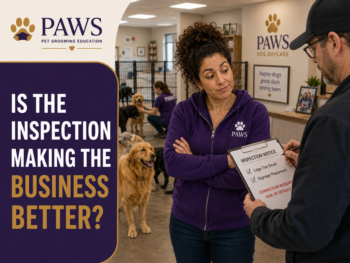 PAWS Lady faces an inspector holding a notice about logo size and signage placement while dogs and staff continue working in the daycare behind them.