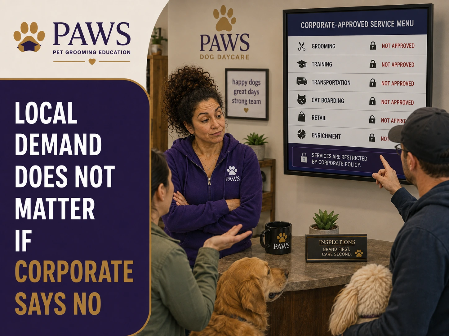 PAWS Lady stands with customers in front of a corporate-approved service menu where grooming, training, transportation, cat boarding, retail, and enrichment are locked or marked not approved.