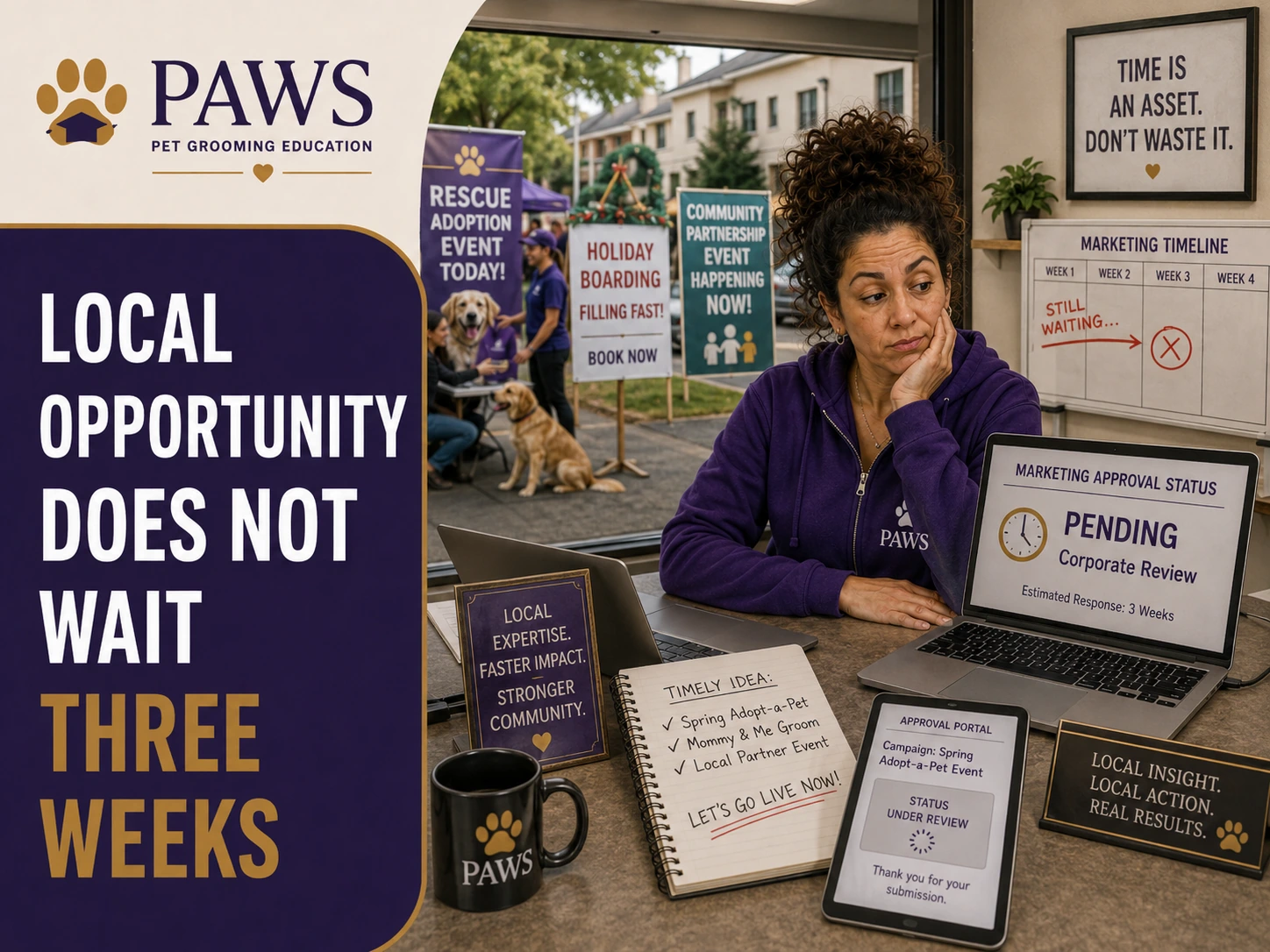 PAWS Lady waits at her desk for delayed corporate marketing approval while a rescue event, holiday boarding sign, and community partnership opportunity are already happening outside.