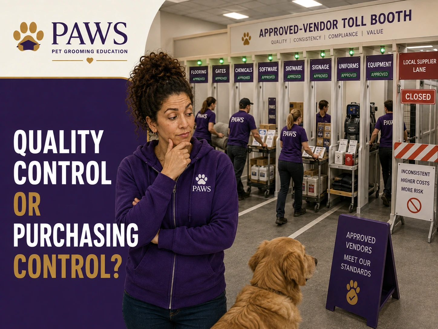 PAWS Lady stands in front of an approved-vendor toll booth where staff move required products through approved lanes while a local supplier lane is marked closed.