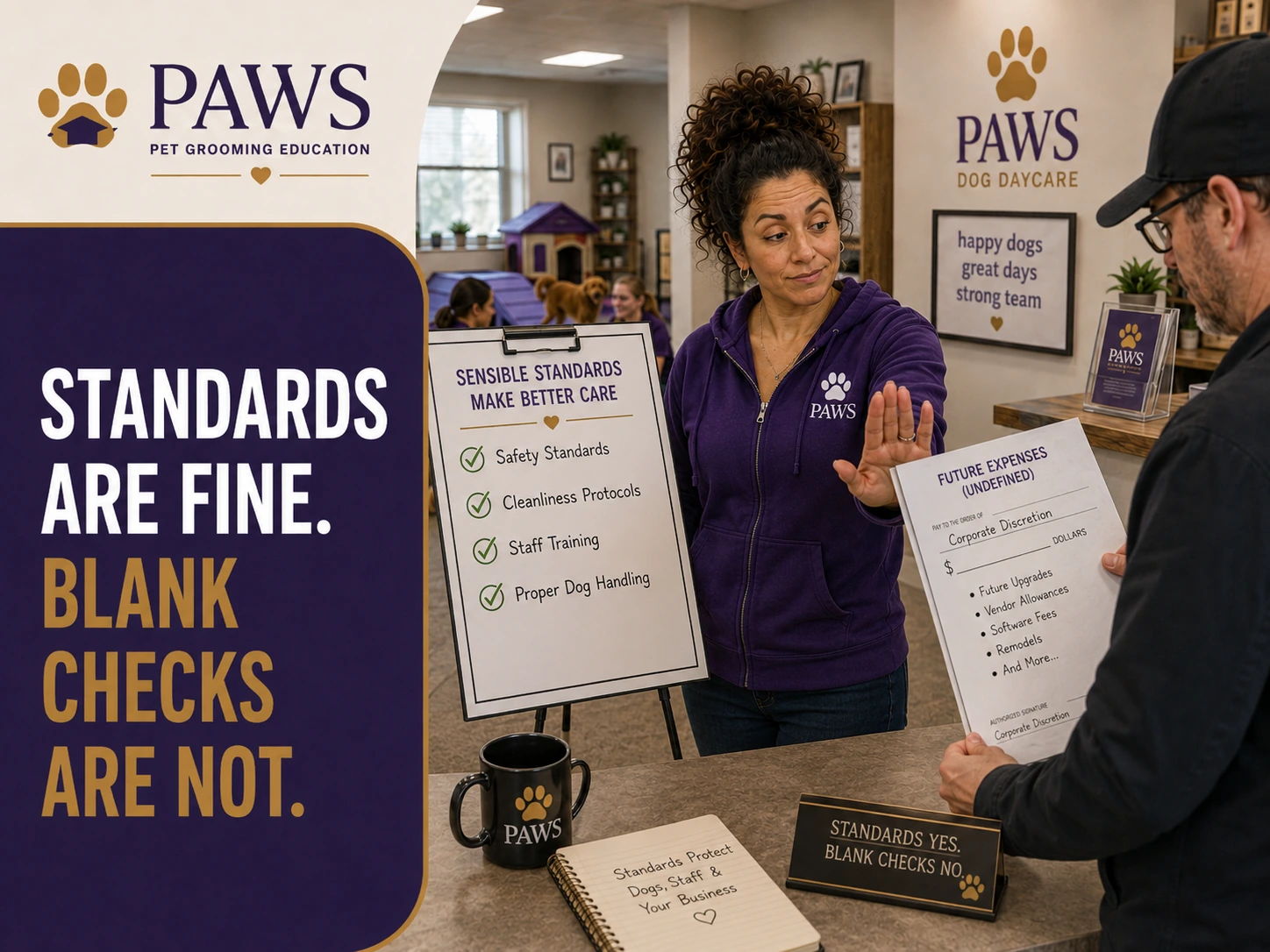 PAWS Lady approves sensible standards for safety, cleanliness, staff training, and dog handling while rejecting an undefined list of future expenses tied to corporate discretion.