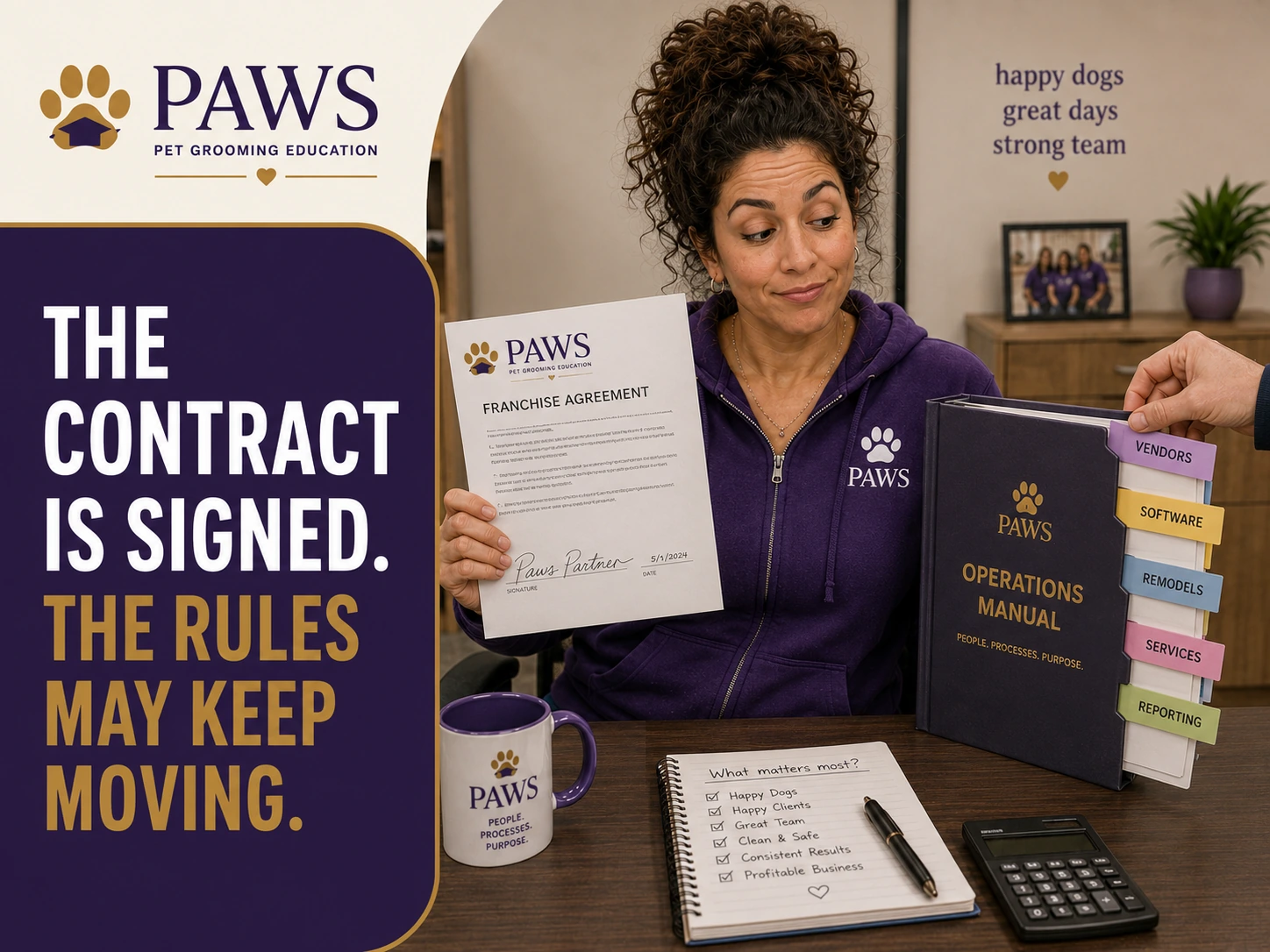 PAWS Lady holds a signed franchise agreement while an operations manual with tabs for vendors, software, remodels, services, and reporting is presented beside her.