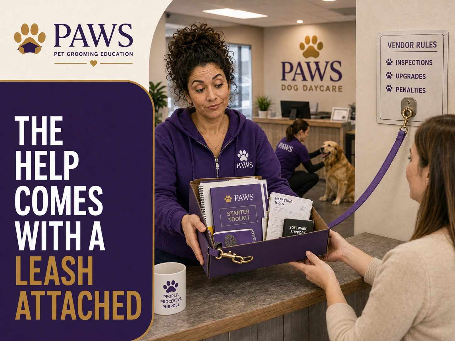 PAWS Lady hands a starter toolkit box to another person while a leash attached to the box leads back to a wall sign listing vendor rules, inspections, upgrades, and penalties.