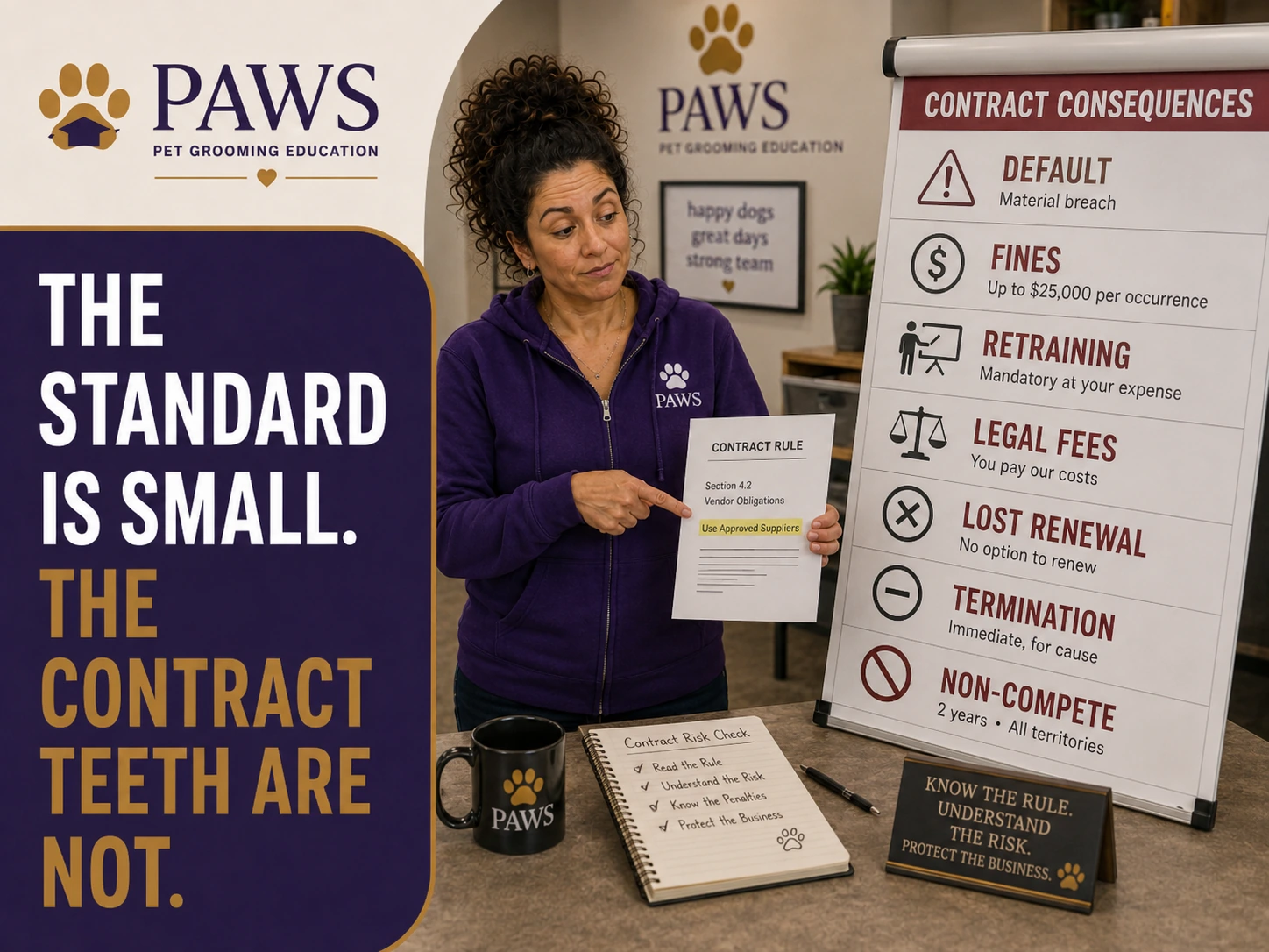 PAWS Lady points to a small contract rule about approved suppliers while a large board lists default, fines, retraining, legal fees, lost renewal, termination, and non-compete consequences.