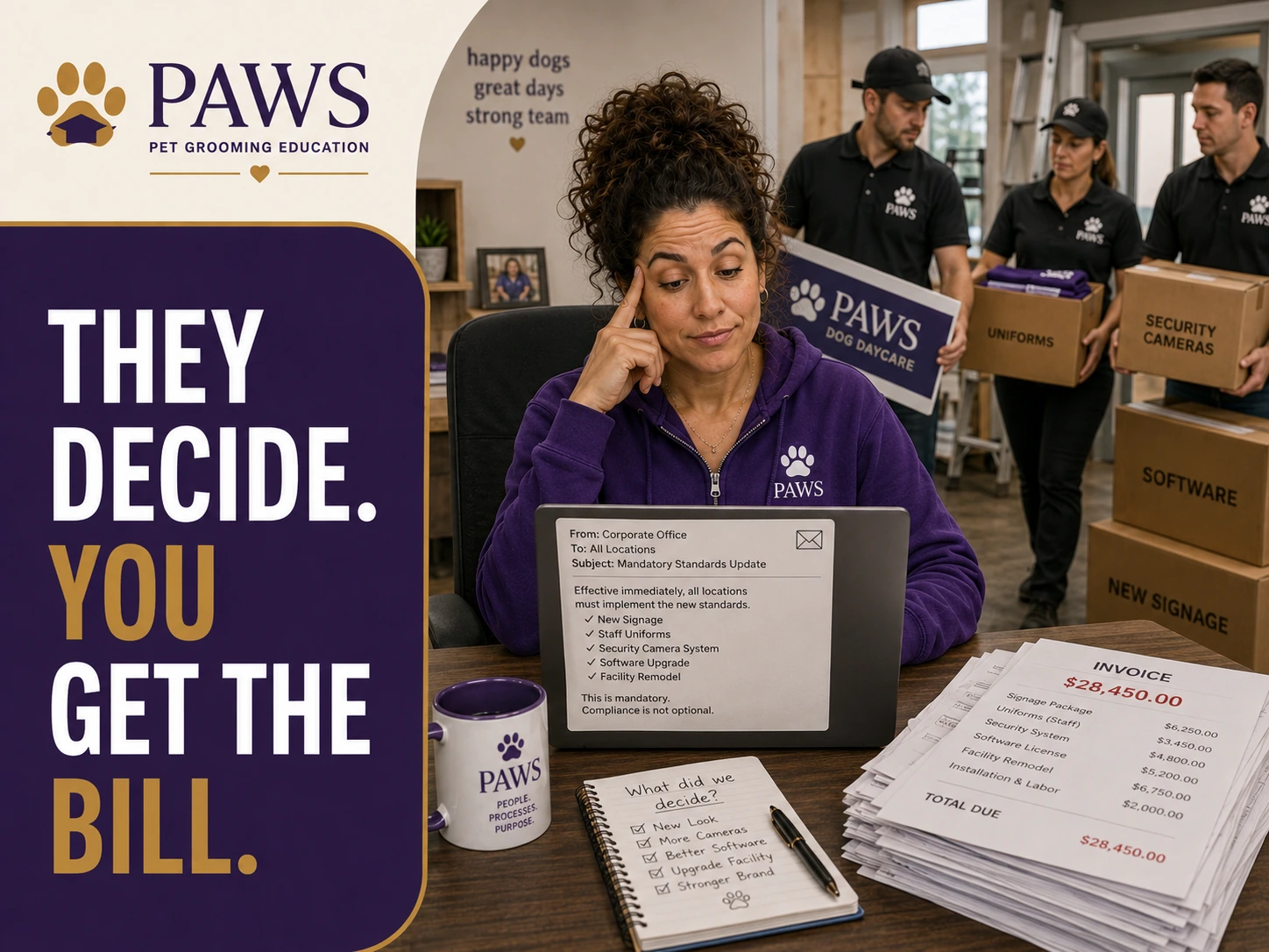 PAWS Lady sits at a desk reading a mandatory standards update on a laptop while staff carry in new signage, uniforms, cameras, and software boxes and a large invoice sits beside her.