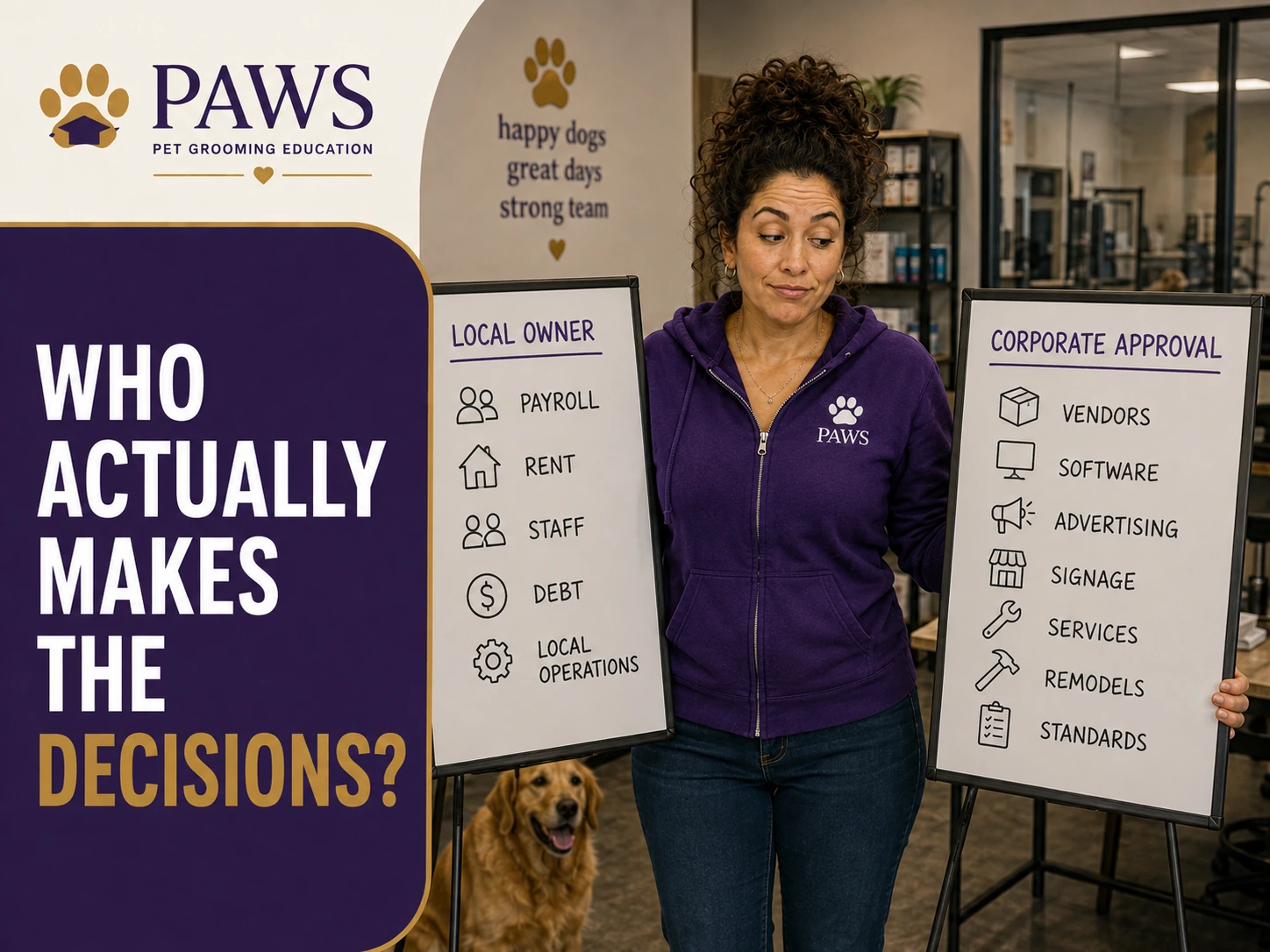 PAWS Lady stands between two boards comparing local owner responsibilities like payroll and staff with corporate approval powers over vendors, software, advertising, signage, services, remodels, and standards.