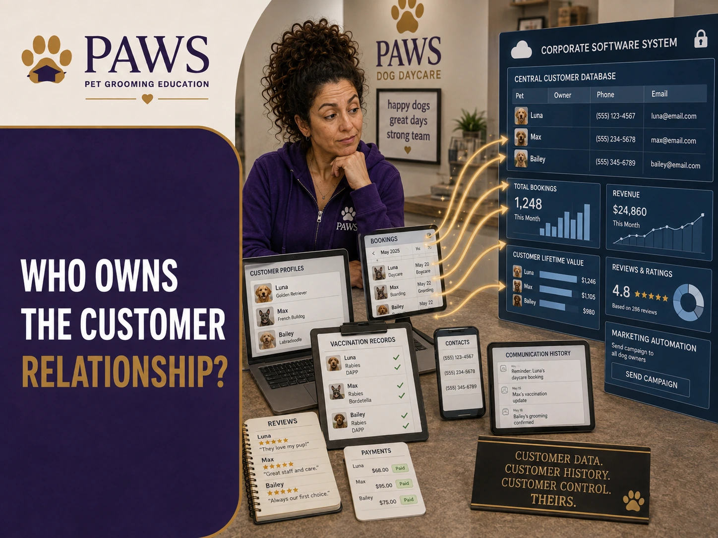 Customer records, bookings, vaccination records, payments, reviews, and communication history flow from local devices into a corporate dashboard while PAWS Lady watches.