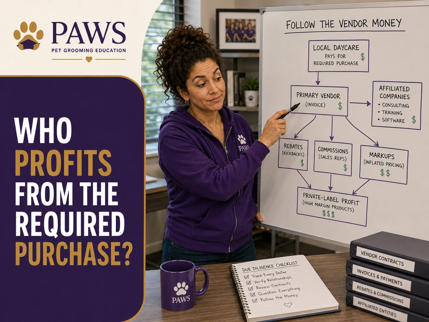 PAWS Lady points to a whiteboard flowchart tracing money from a required daycare purchase through a primary vendor, affiliated companies, rebates, commissions, markups, and private-label profit.
