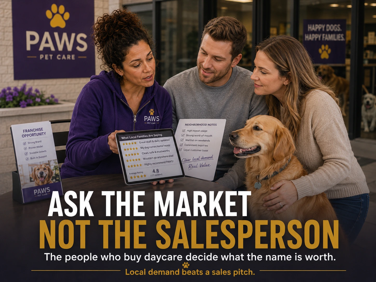 PAWS Lady shows local review and neighborhood demand notes to a couple with their golden retriever outside a PAWS Pet Care facility while text reads Ask the Market Not the Salesperson.