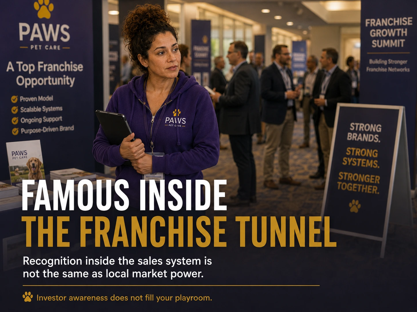 PAWS Lady stands at a franchise conference surrounded by promotional signage while text reads Famous Inside the Franchise Tunnel.