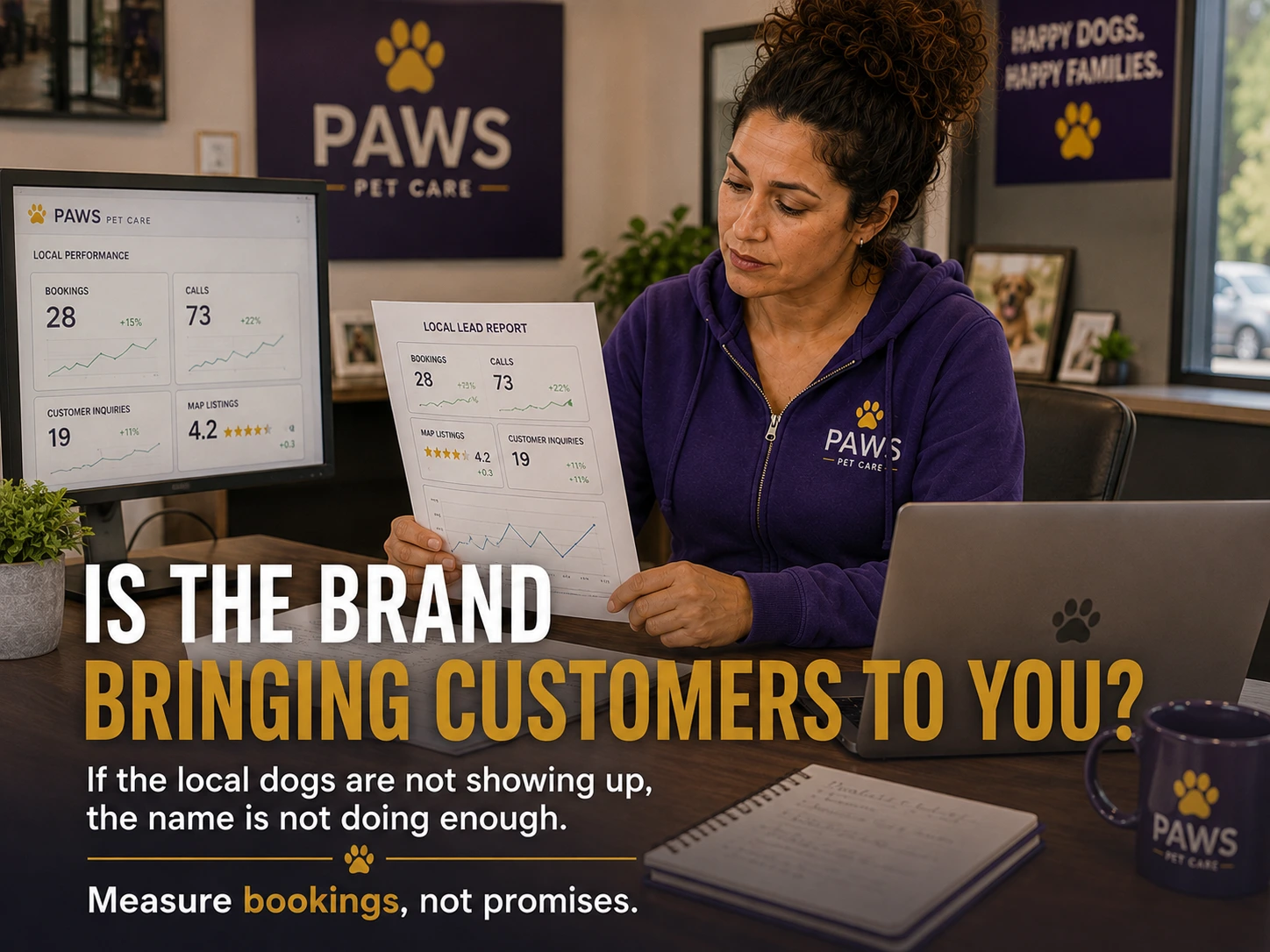 PAWS Lady reviews a local lead report at her desk beside screens showing bookings, calls, customer inquiries, and map listing ratings while text asks Is the Brand Bringing Customers to You?