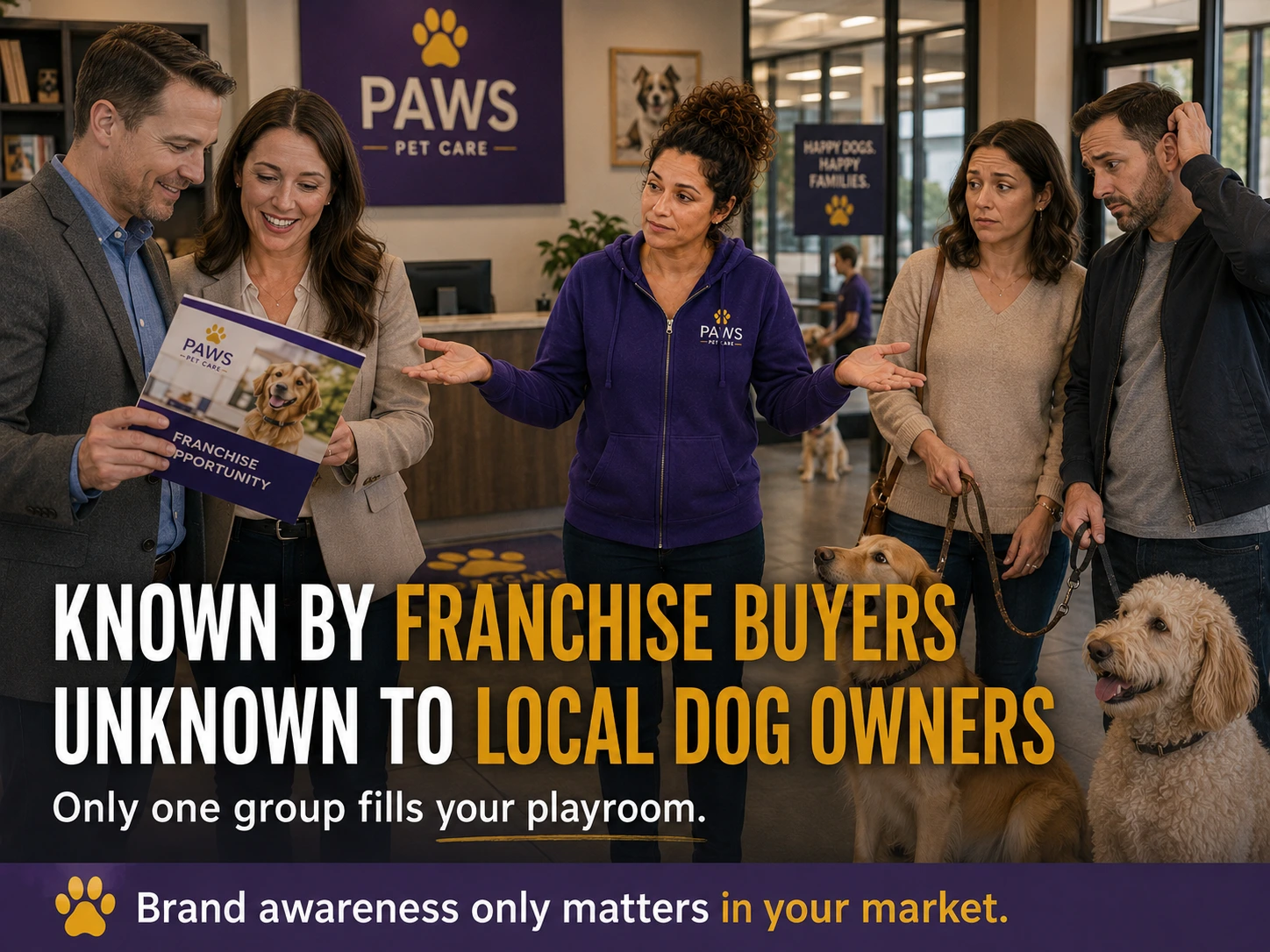 PAWS Lady stands between smiling franchise prospects holding a franchise brochure and uncertain local dog owners with their dogs while text reads Known by Franchise Buyers, Unknown to Local Dog Owners.
