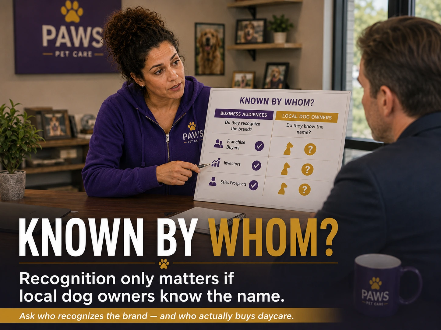PAWS Lady presents a chart comparing business audiences and local dog owners while text reads Known by Whom?