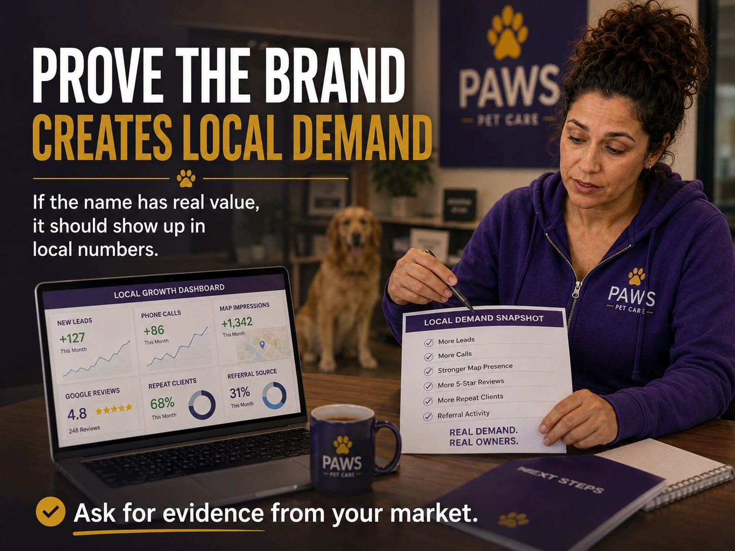 PAWS Lady points to a local growth dashboard and a checklist titled Local Demand Snapshot while text reads Prove the Brand Creates Local Demand.