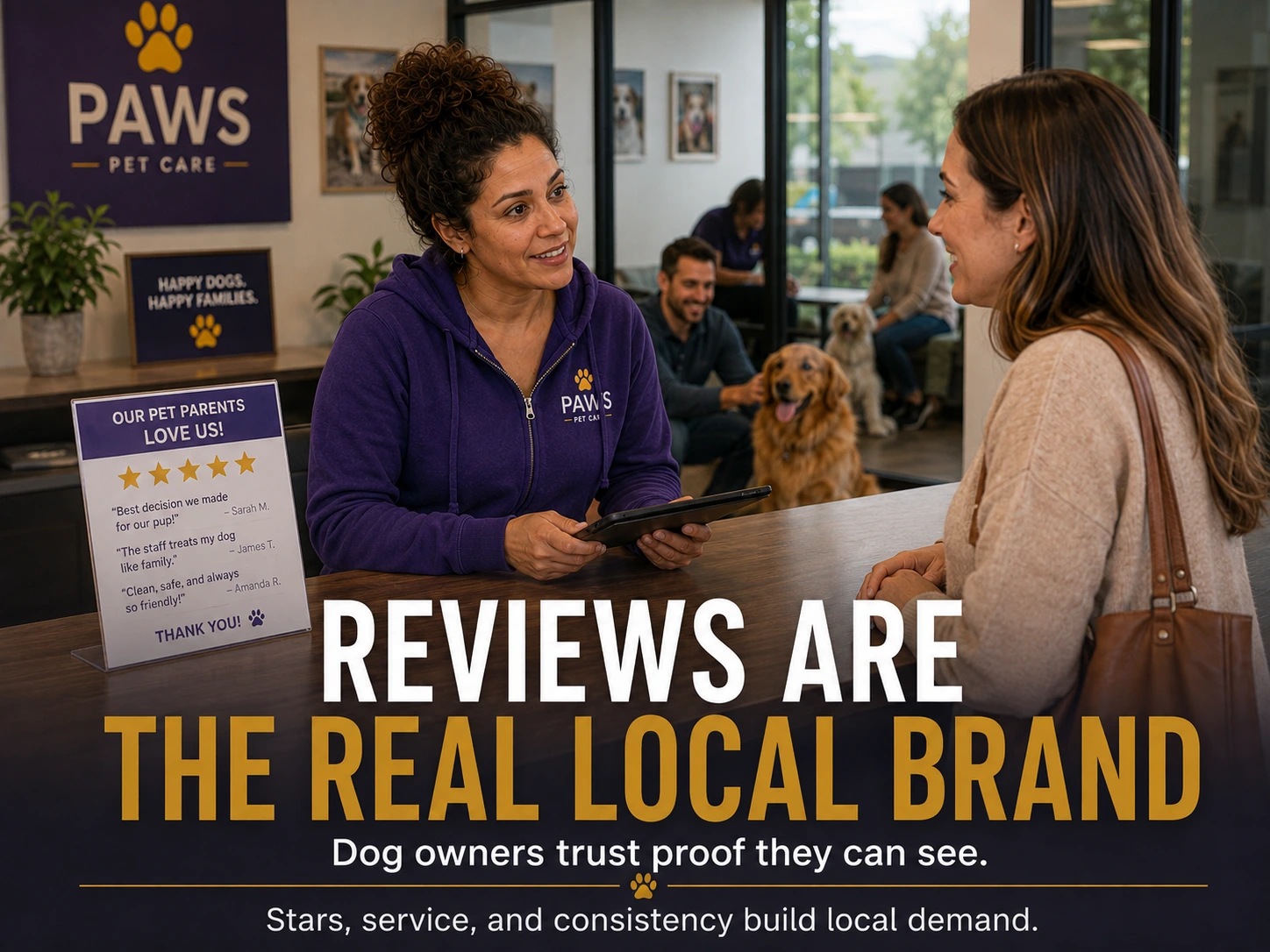 PAWS Lady smiles at a dog owner across a reception desk beside a sign of five-star pet parent comments while text reads Reviews Are the Real Local Brand.