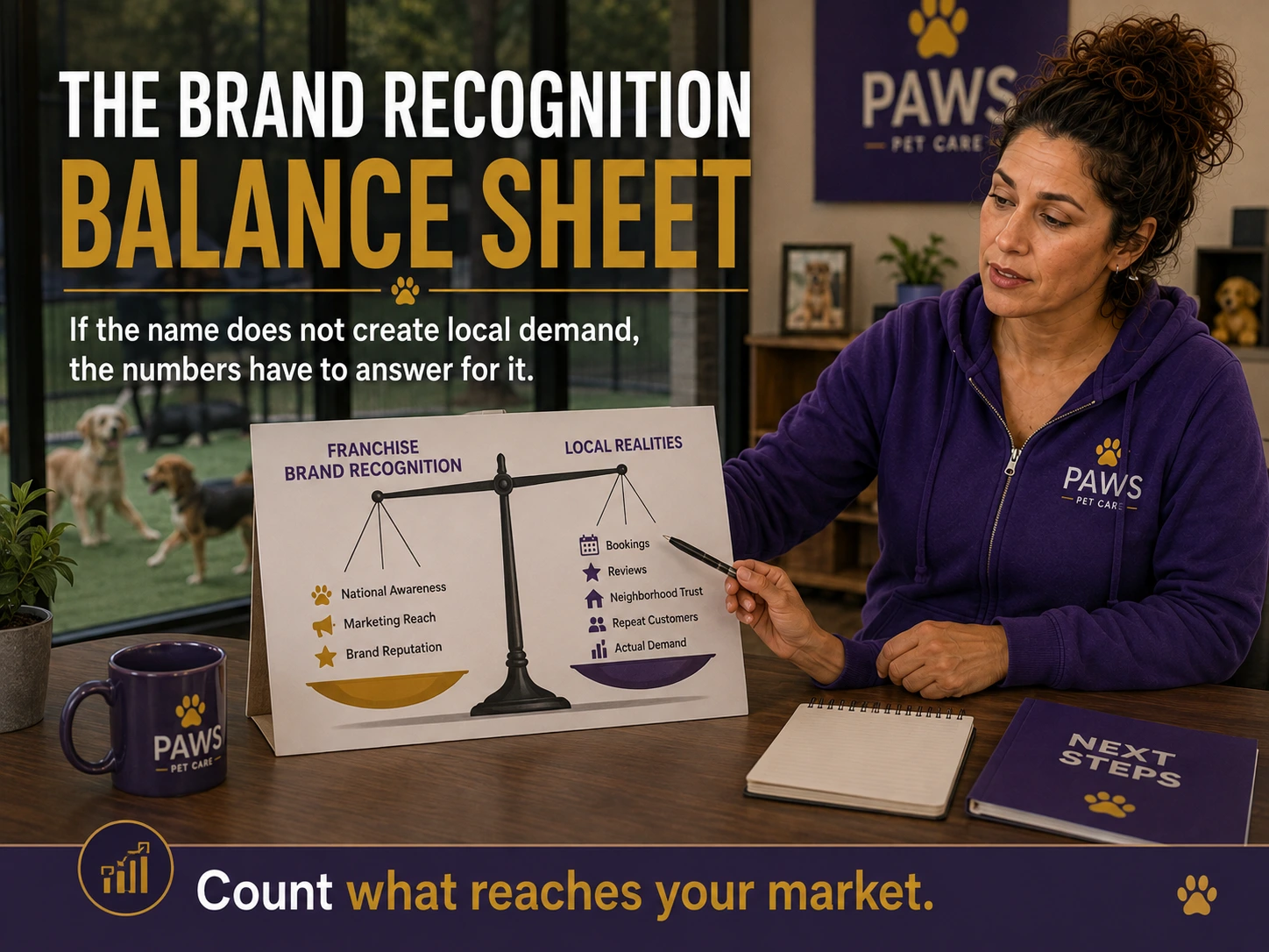 PAWS Lady points to a balance-scale chart comparing franchise brand recognition with local realities such as bookings, reviews, neighborhood trust, and repeat customers.