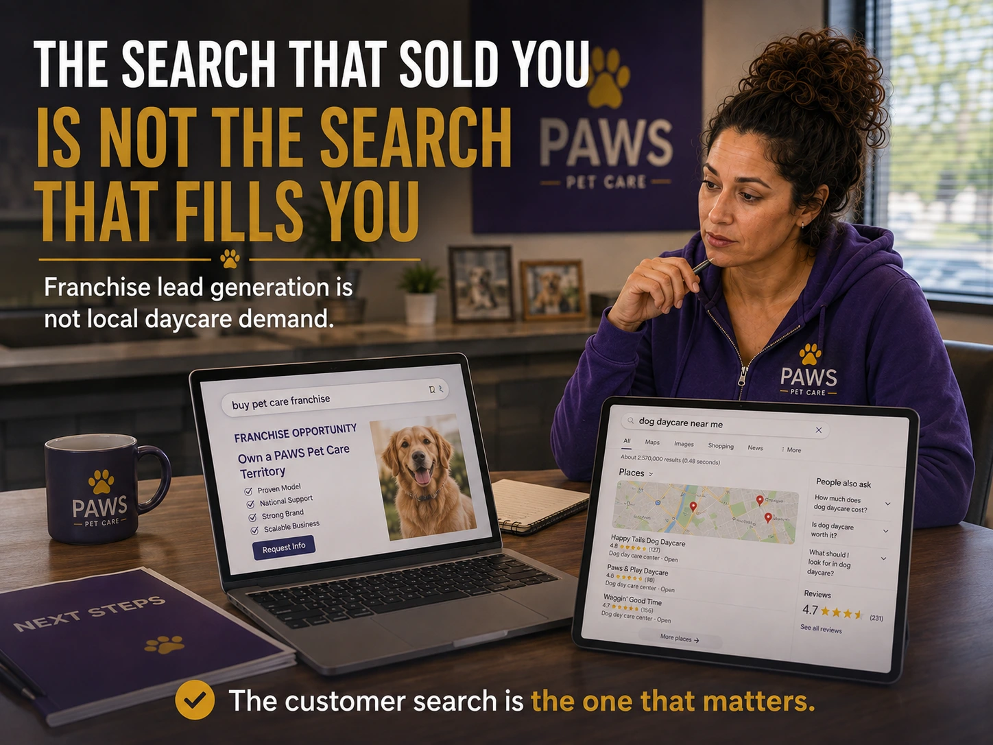 PAWS Lady looks at two screens, one showing a pet care franchise opportunity search and one showing local dog daycare near me results, while text explains the difference between sales leads and local demand.