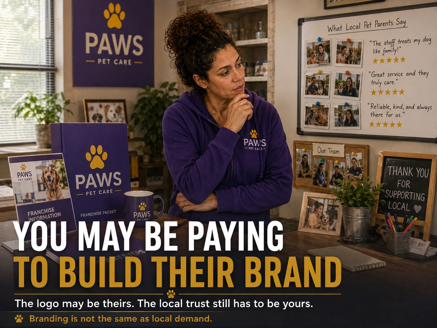 PAWS Lady stands in an office beside franchise materials and a board of local pet parent comments while text reads You May Be Paying to Build Their Brand.