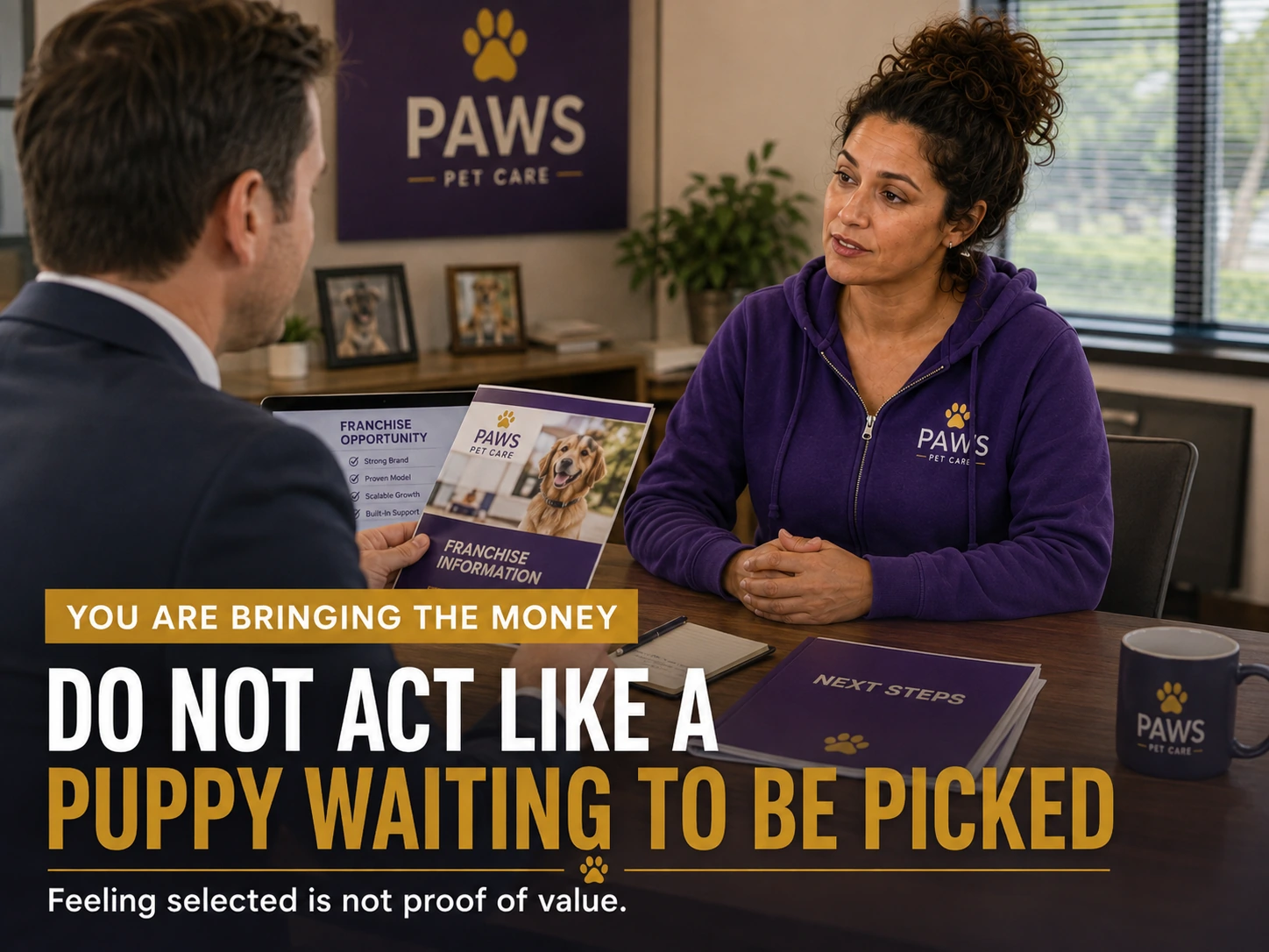 PAWS Lady sits across a table from a franchise representative while discussing a dog daycare franchise packet, with bold overlay text warning the buyer not to act like a puppy waiting to be picked.