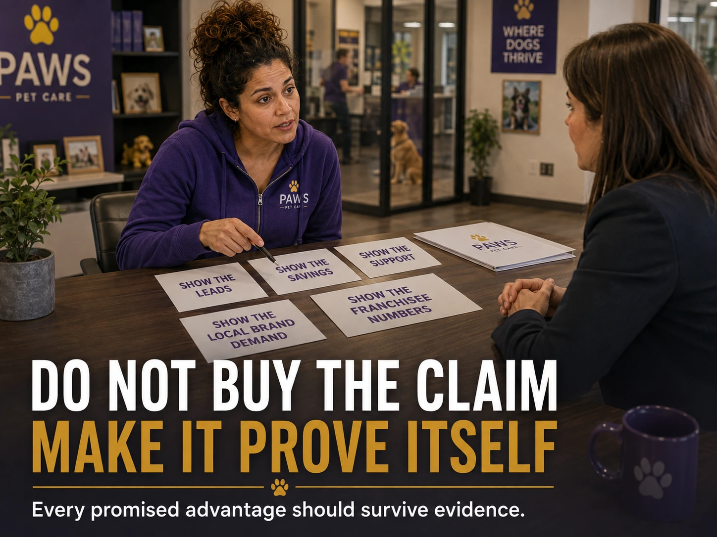 PAWS Lady points to cards on a conference table reading show the leads, show the savings, show the support, show the local brand demand, and show the franchisee numbers, with overlay text urging buyers to demand proof.