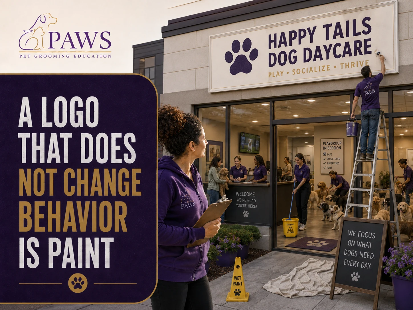 PAWS Lady watching a worker repaint a dog daycare sign while staff inside continue supervising dogs, cleaning, and helping customers.