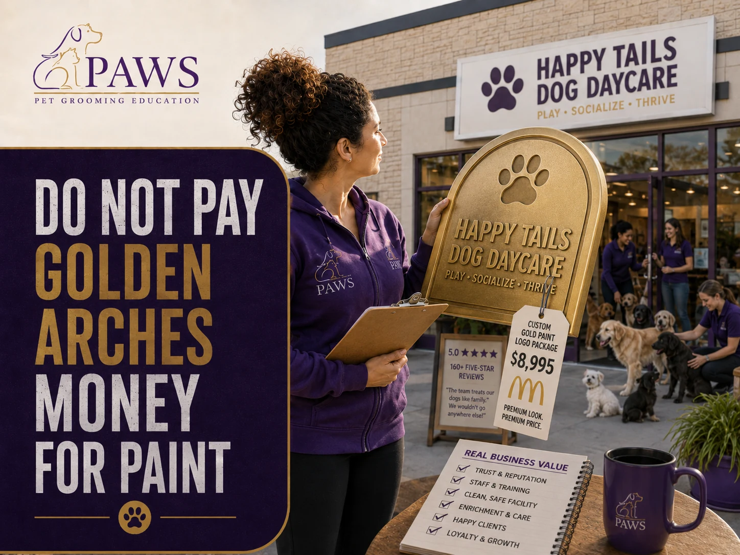 PAWS Lady examining an expensive gold-painted dog daycare sign while staff, dogs, reviews, and customer activity show the business's real value behind her.