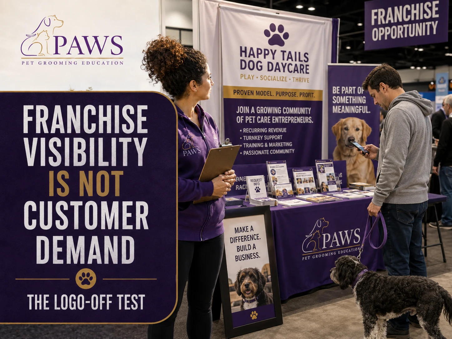 PAWS Lady standing at a franchise trade-show booth while a visitor looks at his phone and his dog waits beside him.