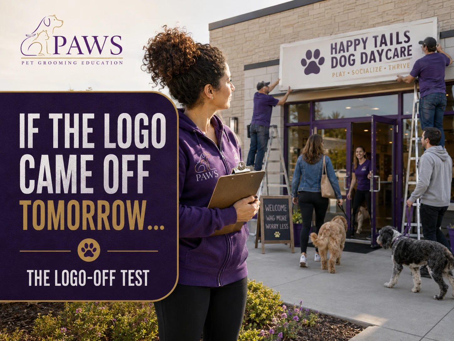 PAWS Lady outside a daycare while workers remove the front sign and customers with dogs continue to approach the entrance.