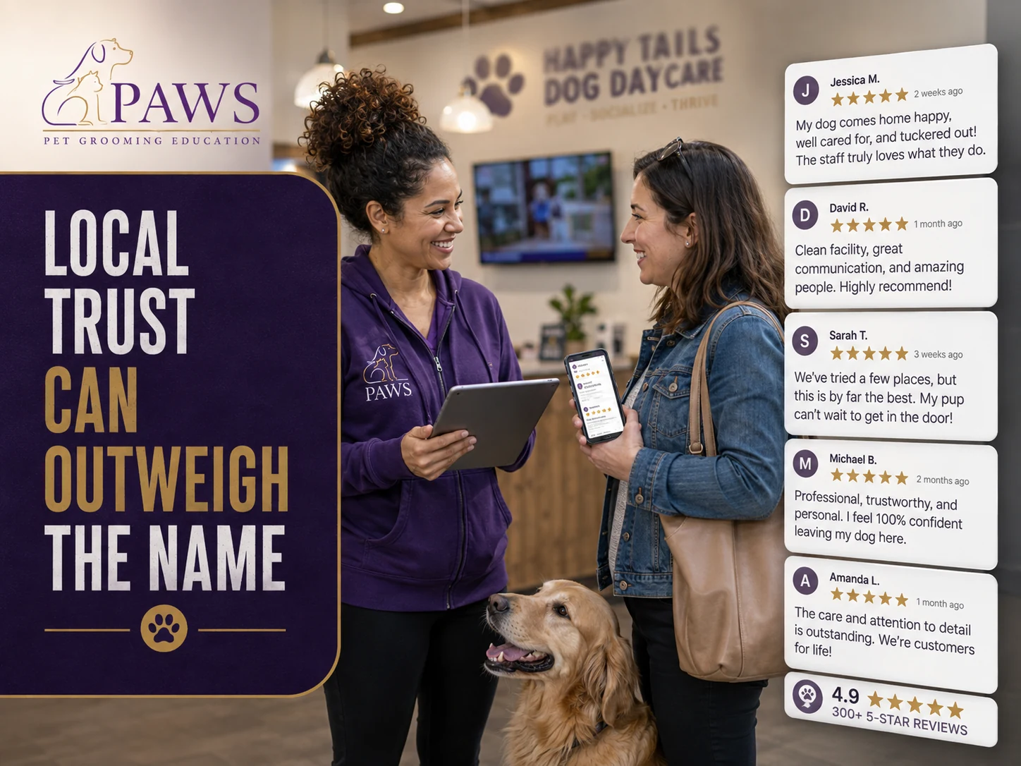 PAWS Lady smiling with a client holding a phone that shows reviews while a dog sits calmly between them in the daycare lobby.