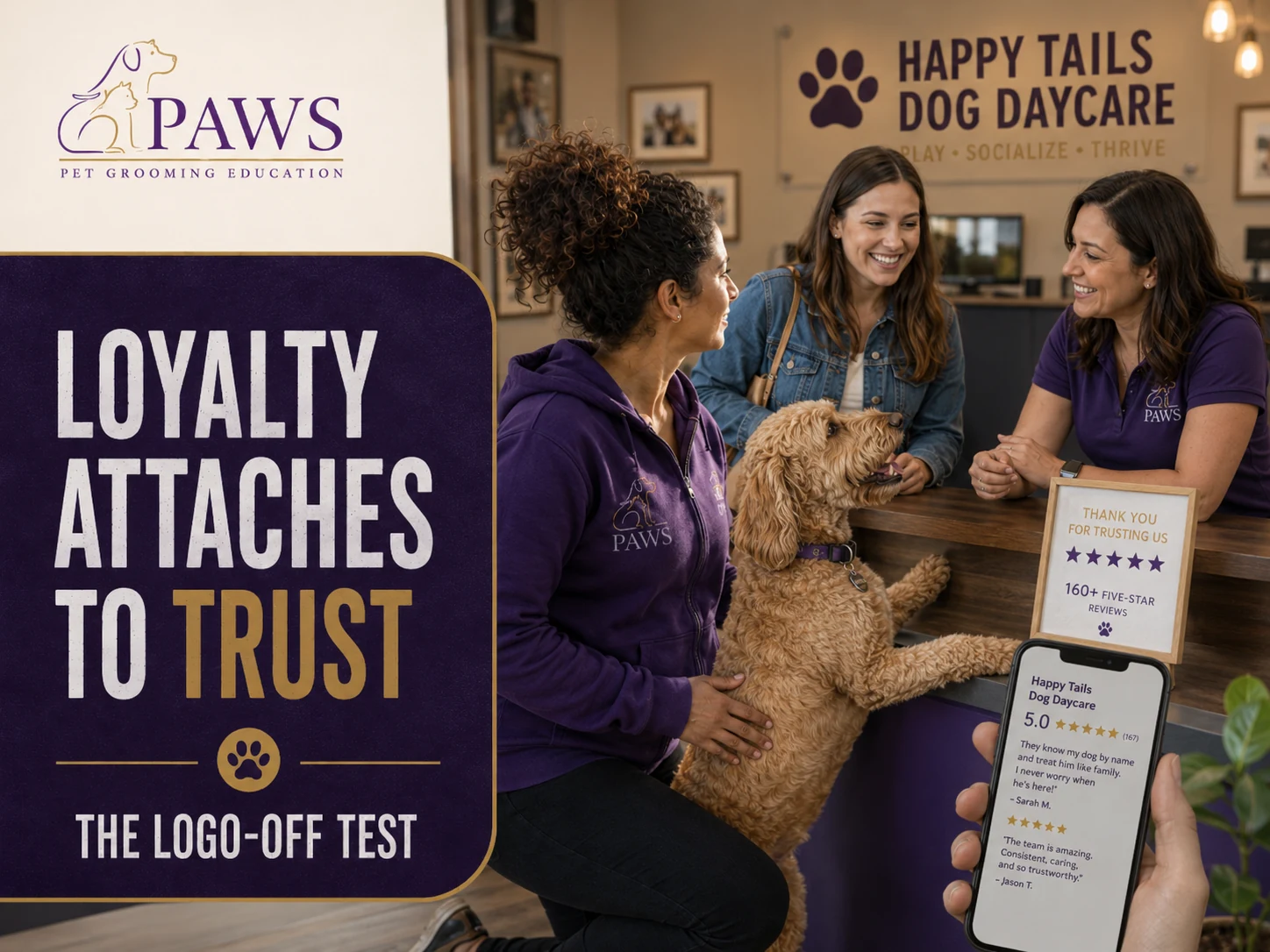 PAWS Lady greeting a returning dog and chatting with a happy client at the daycare reception counter while reviews are visible.