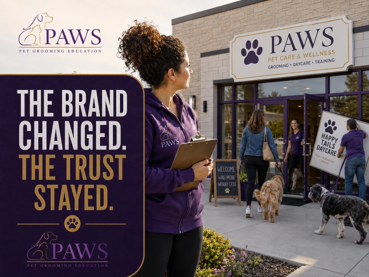PAWS Lady outside a dog daycare while a new sign is installed and familiar customers continue entering with their dogs.